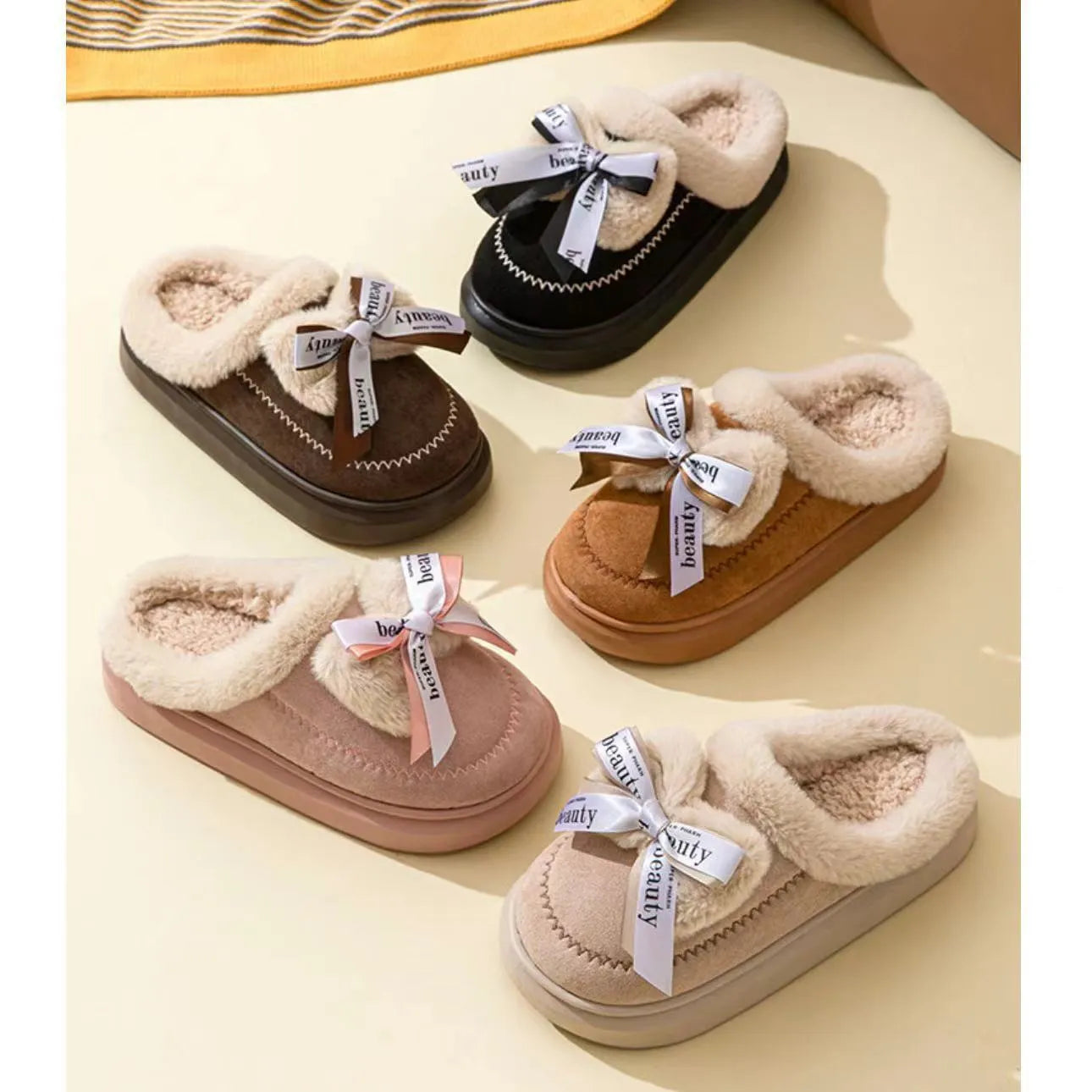 Beige women's ribbon bow half slipper with suede upper and thick sole on a neutral background