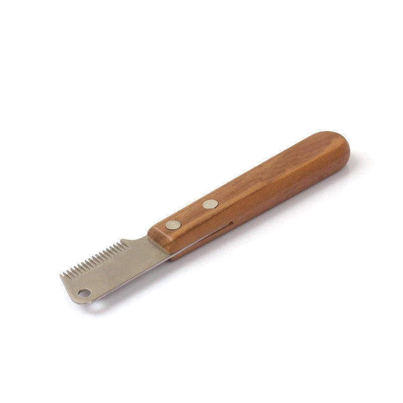 Terrier dog grooming comb with walnut wood handle and stainless steel cutter head