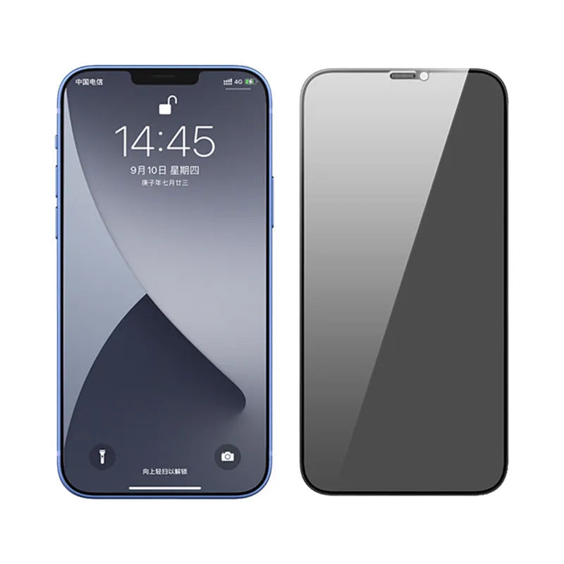 Privacy tempered glass screen protector with dustproof net for iPhone, showing anti-peeping, blue light, and standard variants.