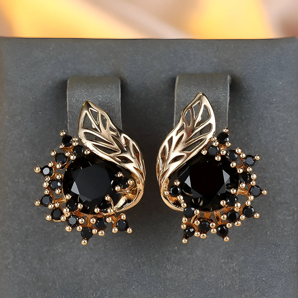 Round flowers feather zircon earrings with electroplated champagne gold finish and colourful diamond accents