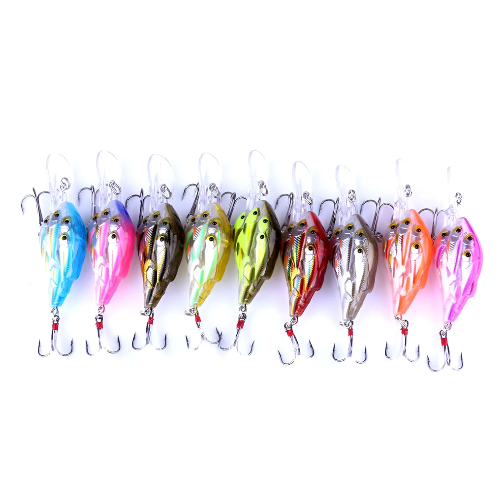 A 7.5 cm long ABS plastic fishing lure with a feather hook, shown in one of nine available colours.