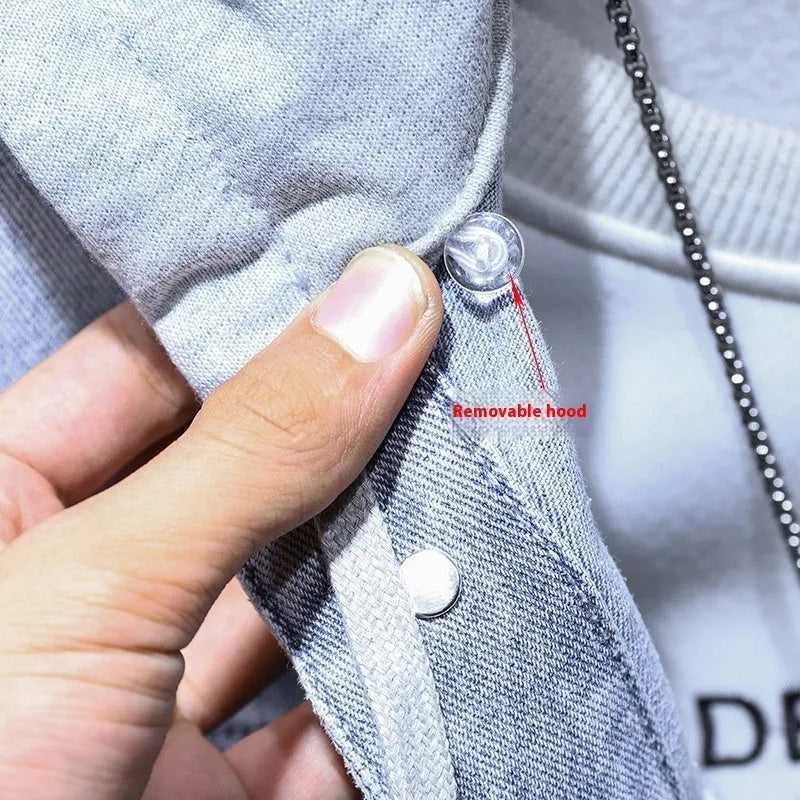 Men's light blue detachable hooded denim jacket with side seam pockets, regular fit, long sleeves