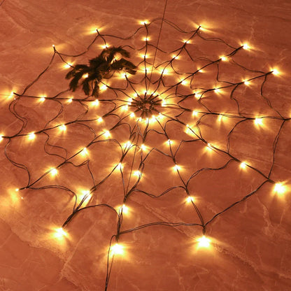 Spooky Halloween spider web string lights with 70 LED lights and realistic furry spider, perfect for indoor or outdoor decoration