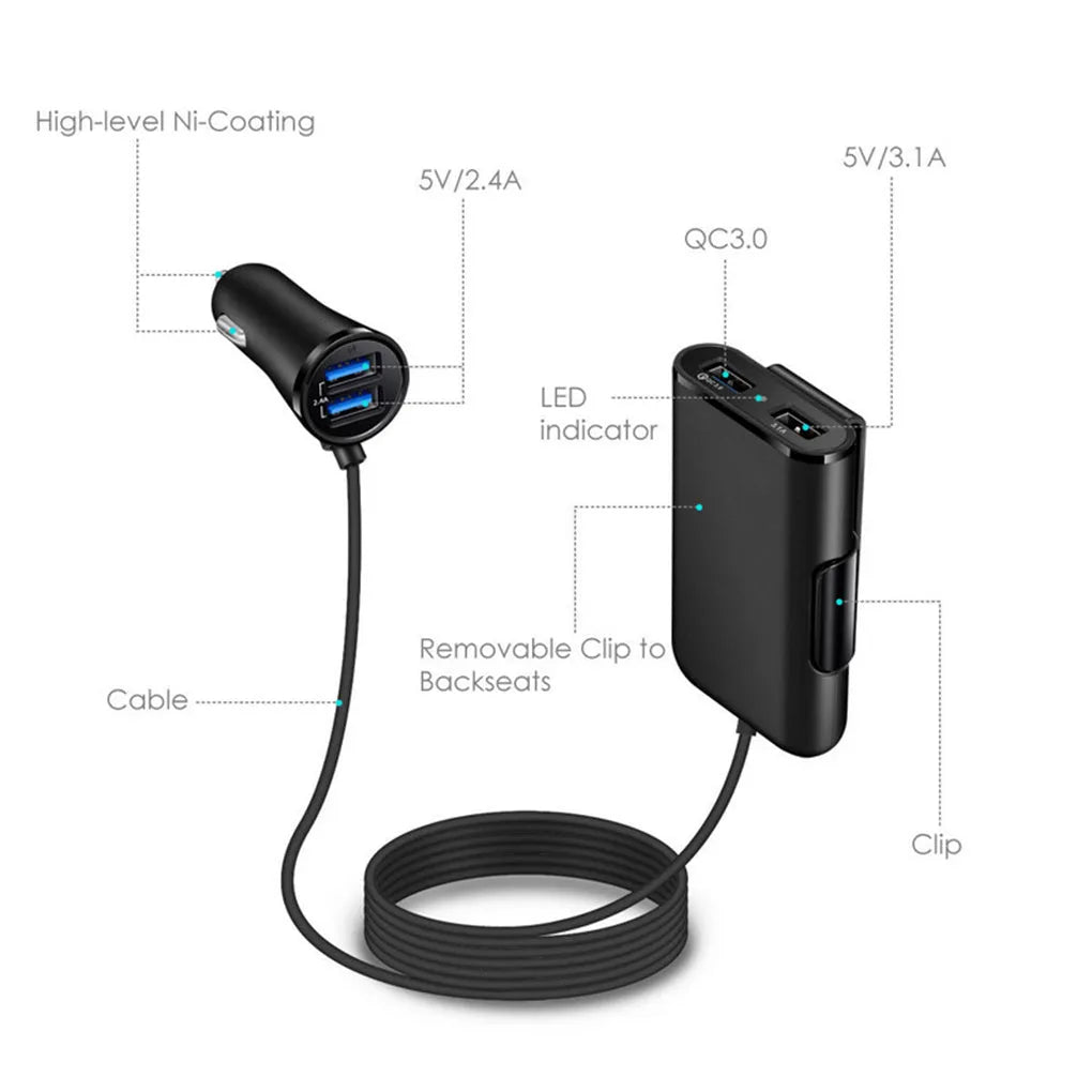 Black 36W fast charge car charger with QC3.0 and dual USB-A ports, blue LED light indicator
