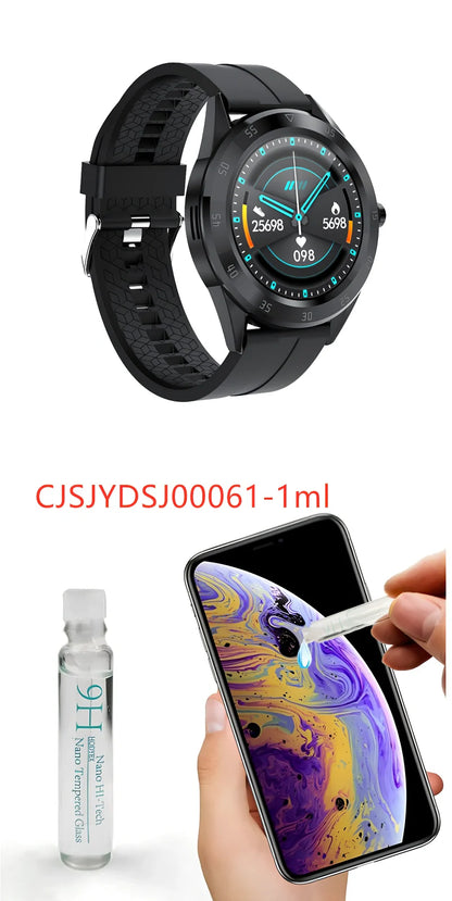 Black 1.2-inch pedometer watch with silicone strap, heart rate sensor, and 32GB storage for step tracking