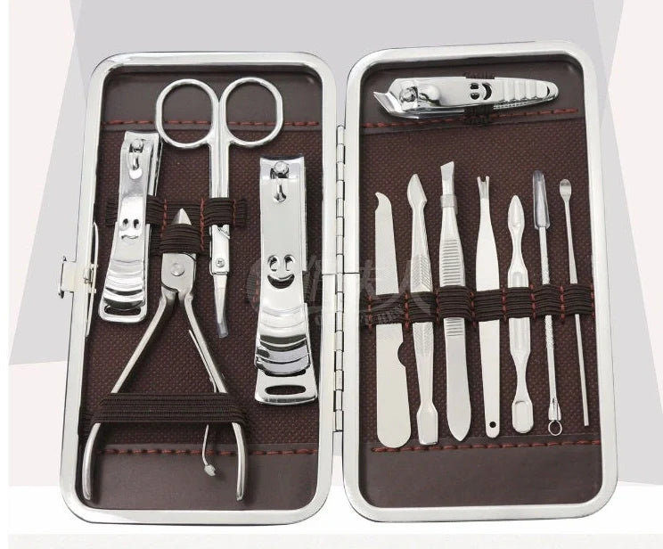 12-piece manicure kit with carbon steel tools including nail clippers and scissors in compact case