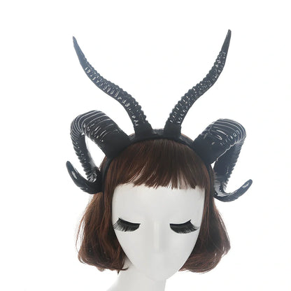 U-shaped simulation sheep horn headdress in black plastic-resin with plaid pattern, 15cm height for festivals