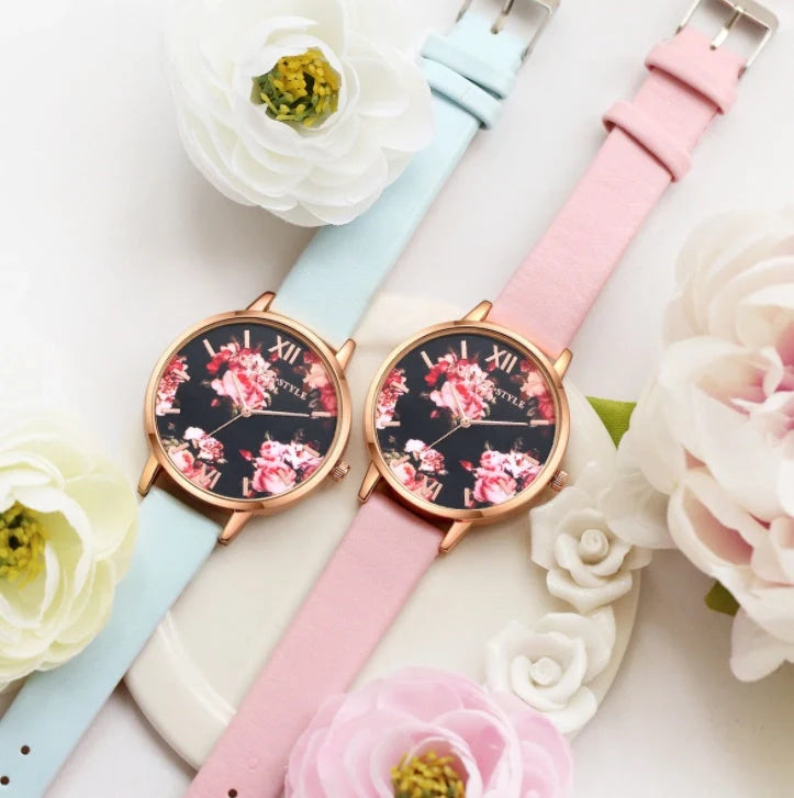 Rose gold women's watch with leather strap and love heart design