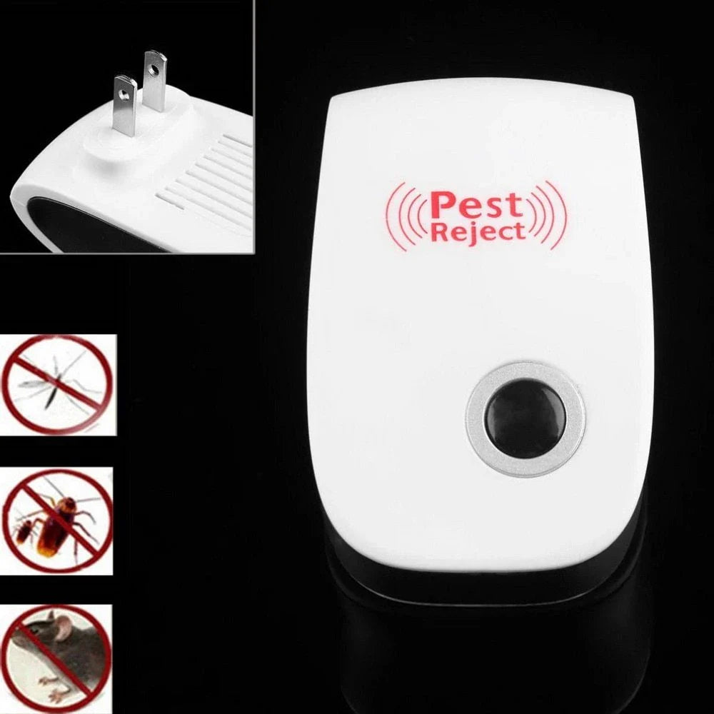 Electronic ultrasonic pest repeller for home use, measuring 90x56x50mm
