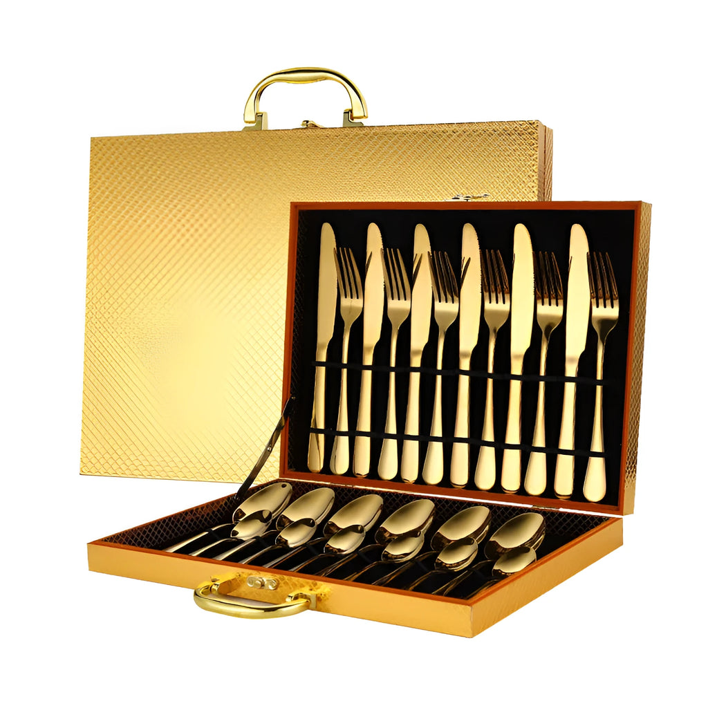 24-piece stainless steel tableware set including knives, forks and spoons in various colour options