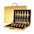 24-piece stainless steel tableware set including knives, forks and spoons in various colour options