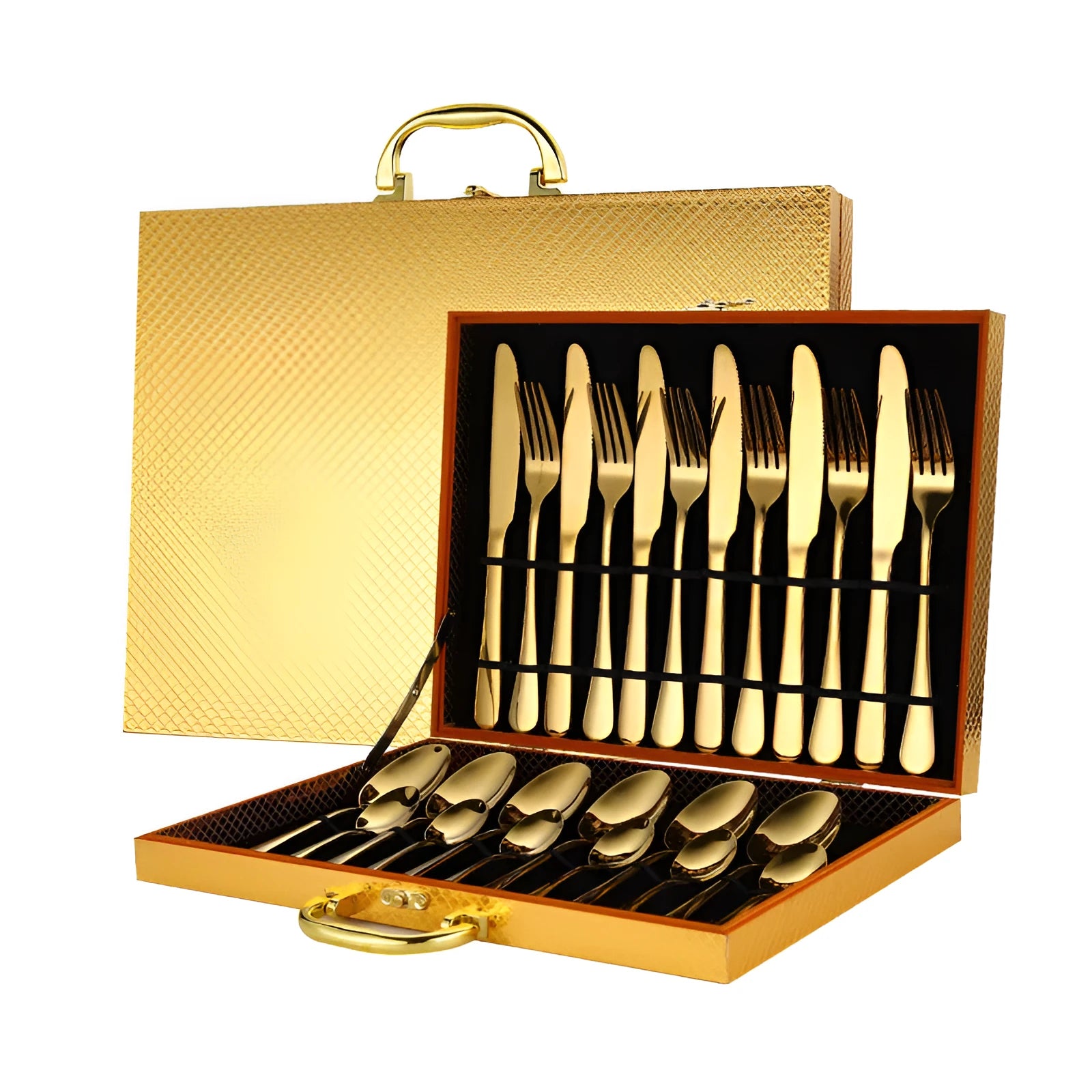 24-piece stainless steel tableware set including knives, forks and spoons in various colour options