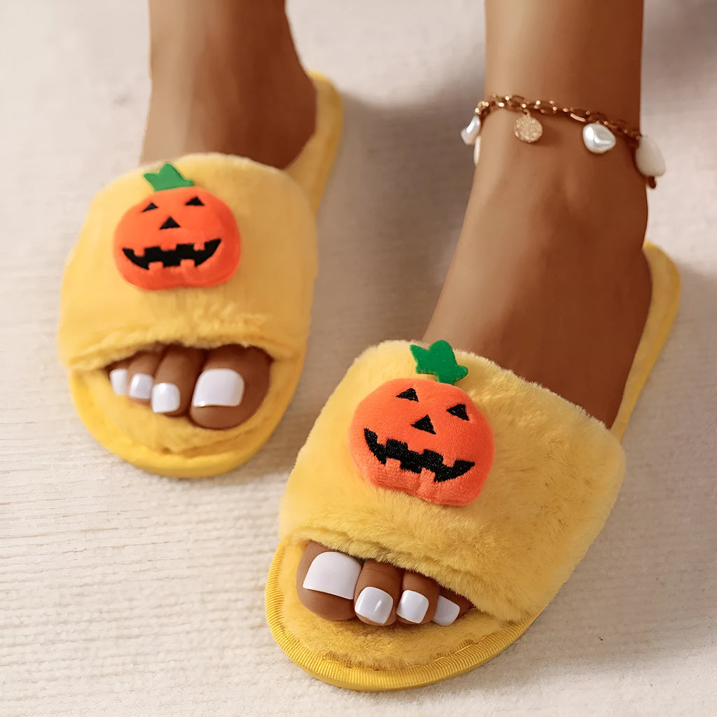 Halloween pumpkin cartoon plush slippers with synthetic fur upper and PVC sole in white or yellow