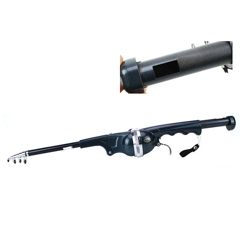 Foldable fishing rod in black colour, shrunk to 26.5cm, with built-in reel and epoxy resin construction