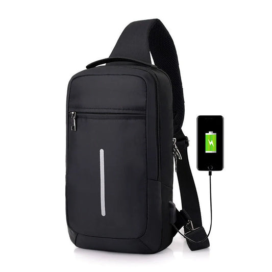 Anti-theft USB charging chest bag in various colours with secure zipper and computer pocket