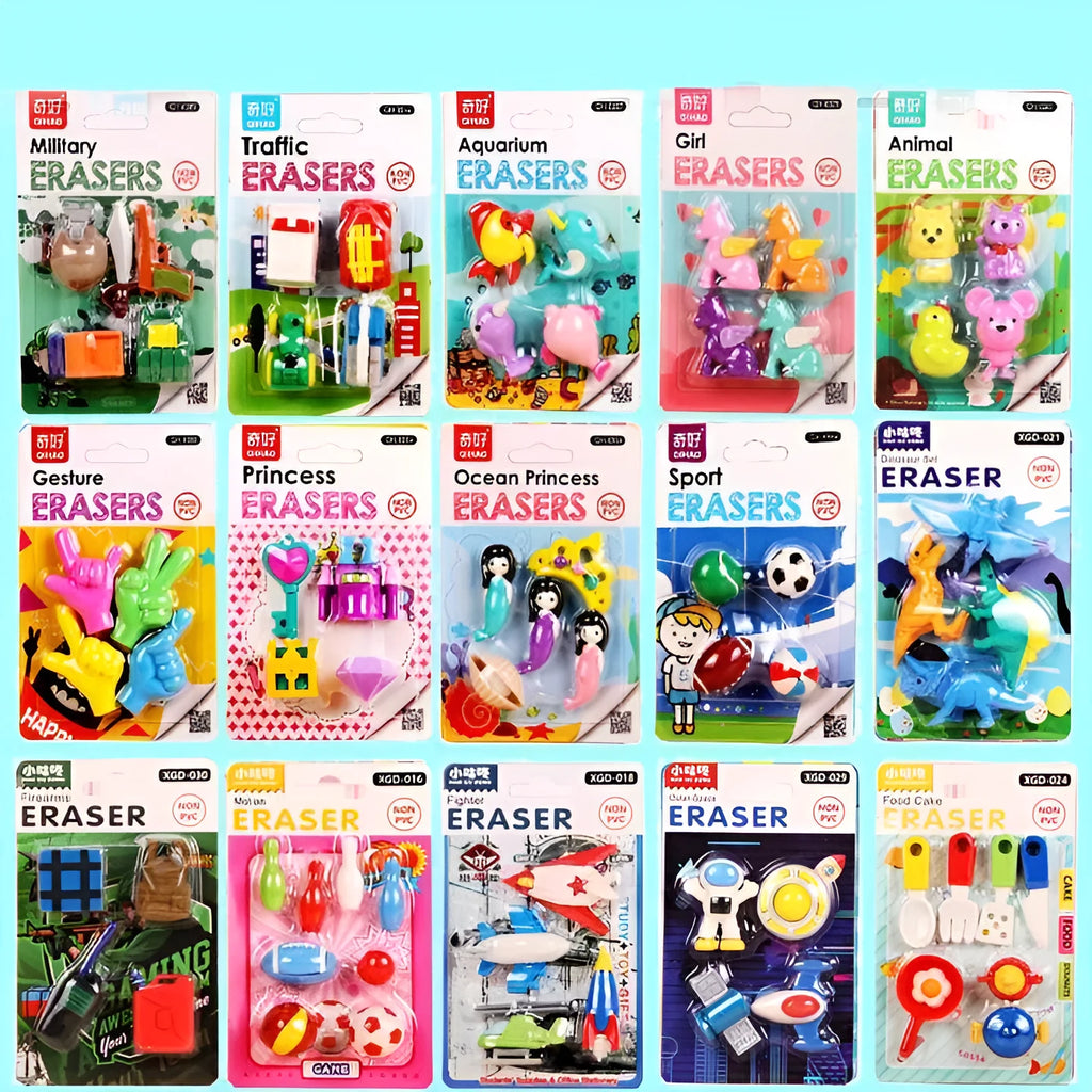 Mini eraser set TPR assorted styles including military model automobile football castle and animal erasers