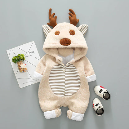 Baby wearing cotton romper with lace-up straps in khaki colour, size 80cm