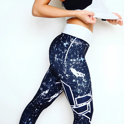 Women's breathable printed leggings in gray digital pattern, 88% polyester 12% elastane, size L with 70cm waist and 91cm length