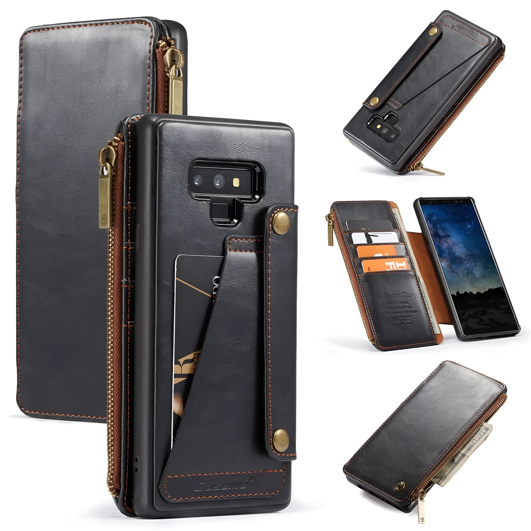 Black PU leather flip phone case for SAMSUNG Note9 shown open