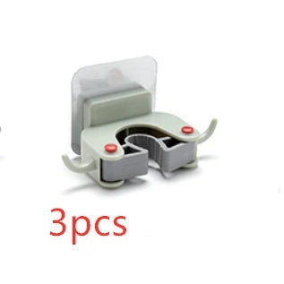 Adhesive Wall-Mounted Mop and Broom Holder with Double-Hook Design for Organizing Cleaning Tools