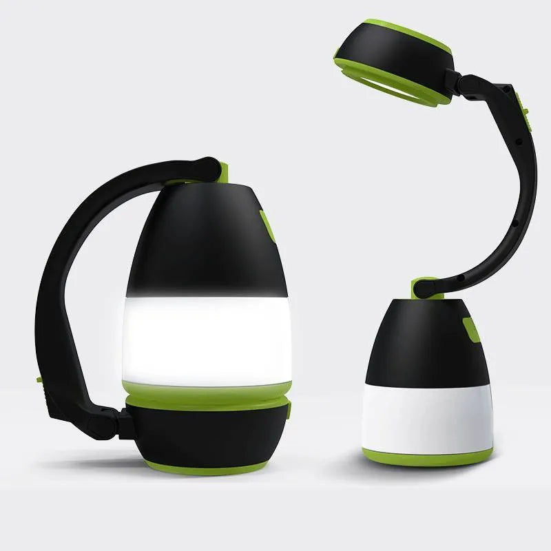 Black green multifunctional LED table lamp showing adjustable head and USB charging port.