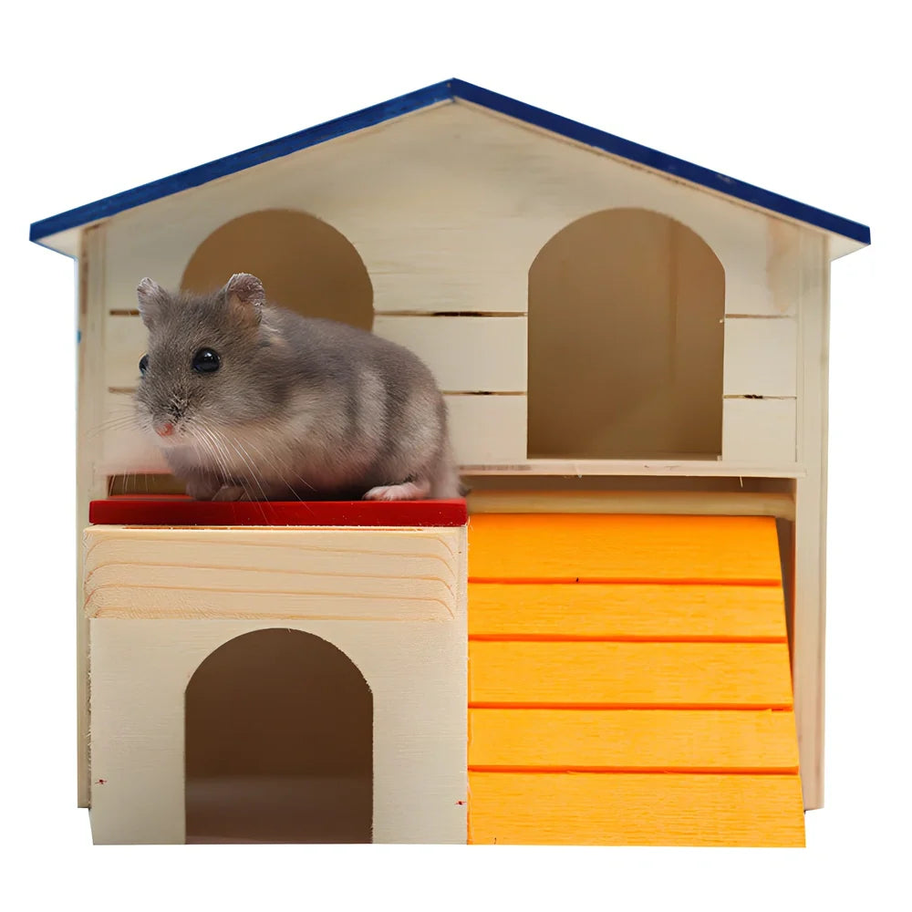 Wooden hamster chalet with blue top roof, 17cm square base, 15cm height for molar play and hiding