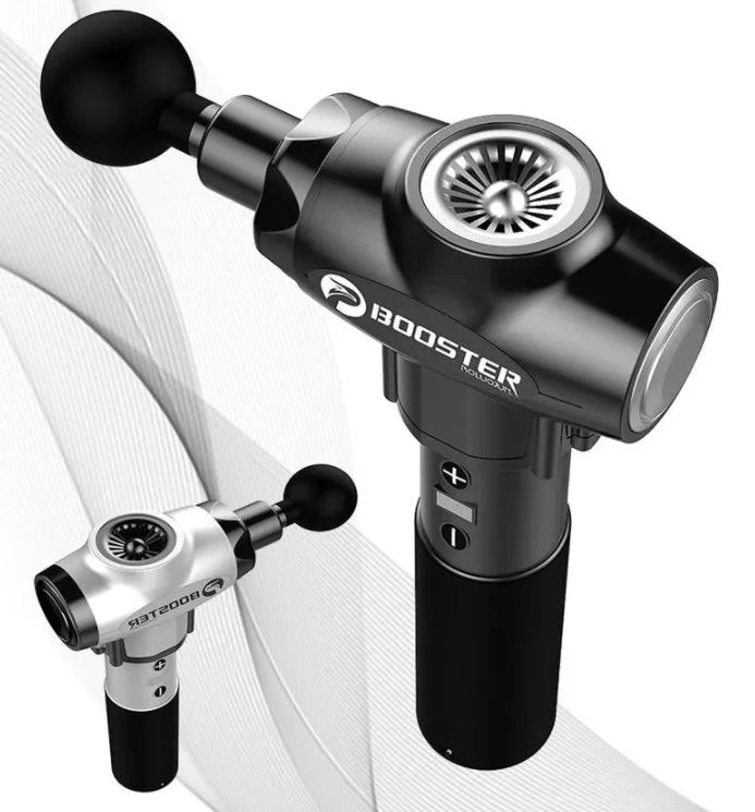 Black and white massage gun with adjustable speed control for muscle relaxation