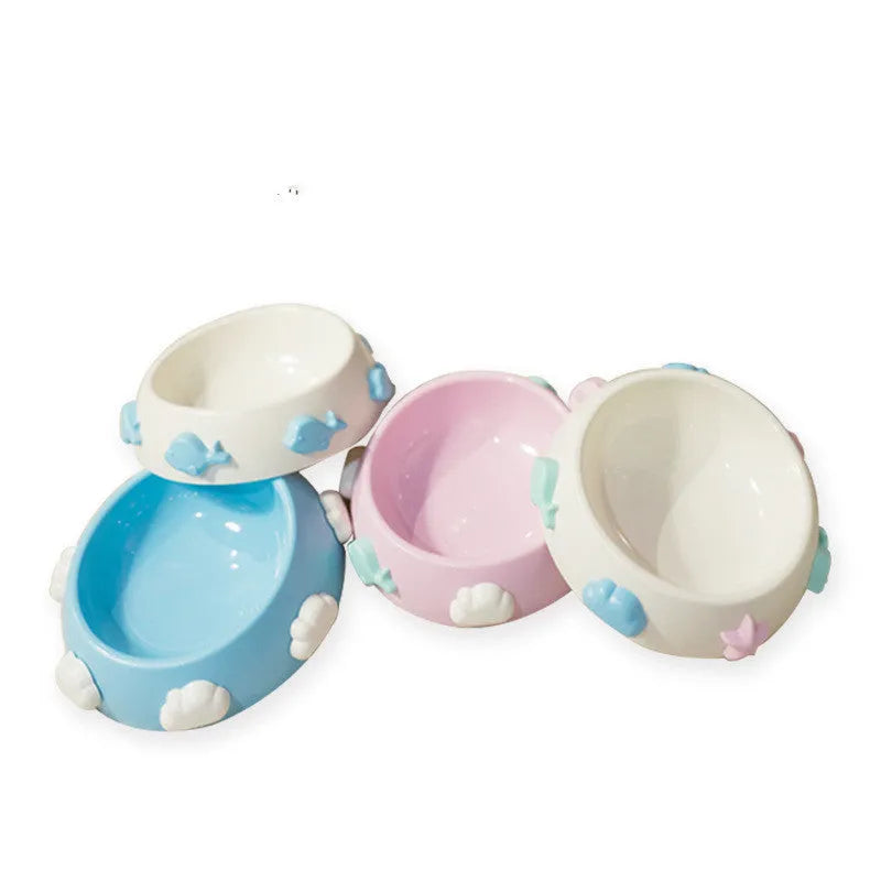 Anti-skid plastic dog bowl in blue sky and white clouds colour for non-slip feeding