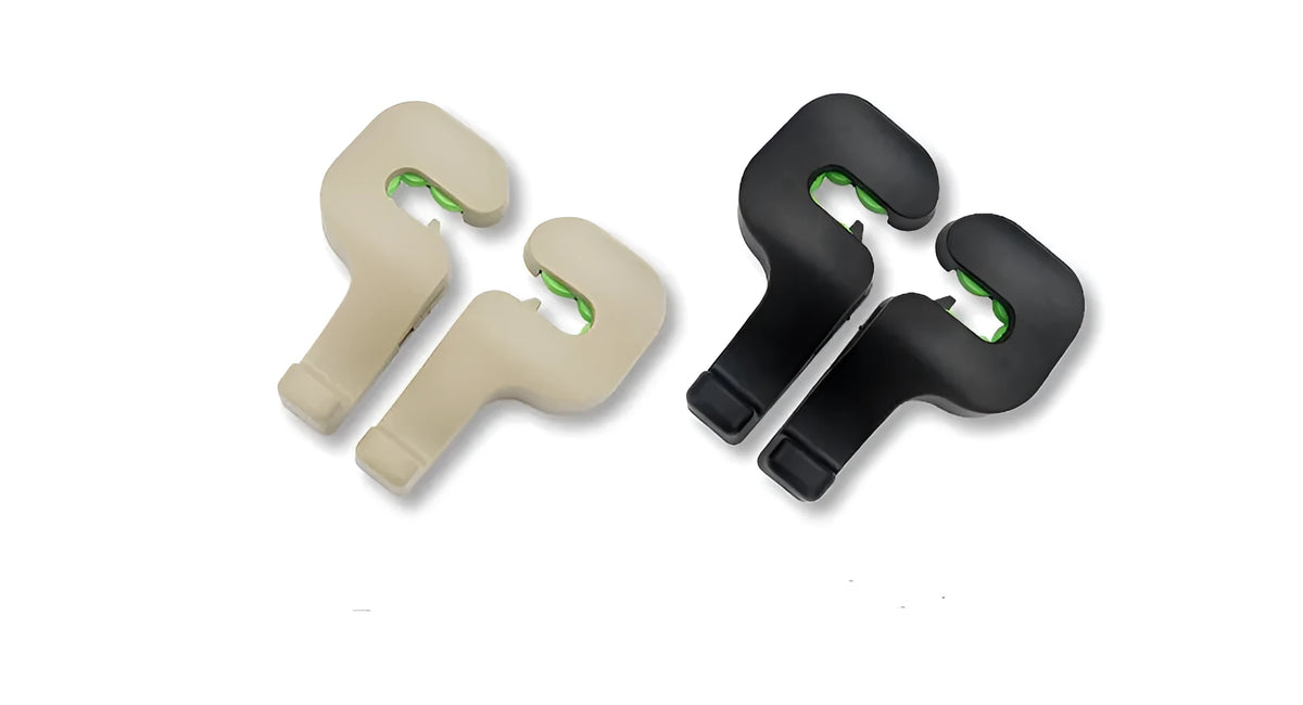 Pair of concealed plastic car seat back hooks for hanging bags and coats, available in black or white