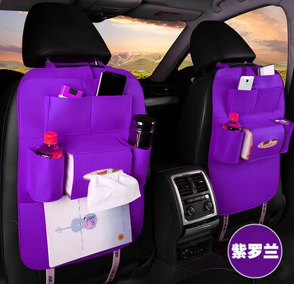 Wool felt car seat organiser bag with multiple pockets measuring 33cm wide