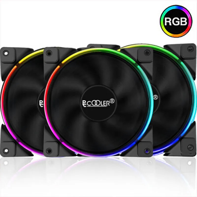 Three black 120mm RGB PC case fans with illuminated blades and hydraulic bearings
