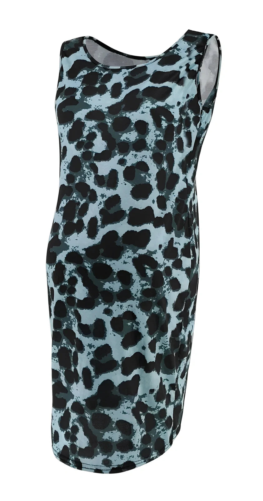 Sleeveless leopard print maternity dress in navy blue, loose waist MIDI length for pregnant women, polyester fabric with V-neck