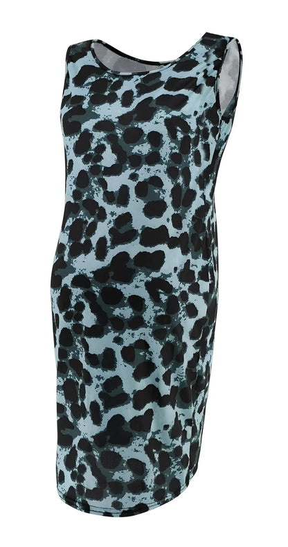 Sleeveless leopard print maternity dress in navy blue, loose waist MIDI length for pregnant women, polyester fabric with V-neck