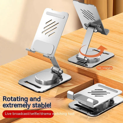 360-degree rotating metal stand for mobile phones and tablets in black, white, and silver
