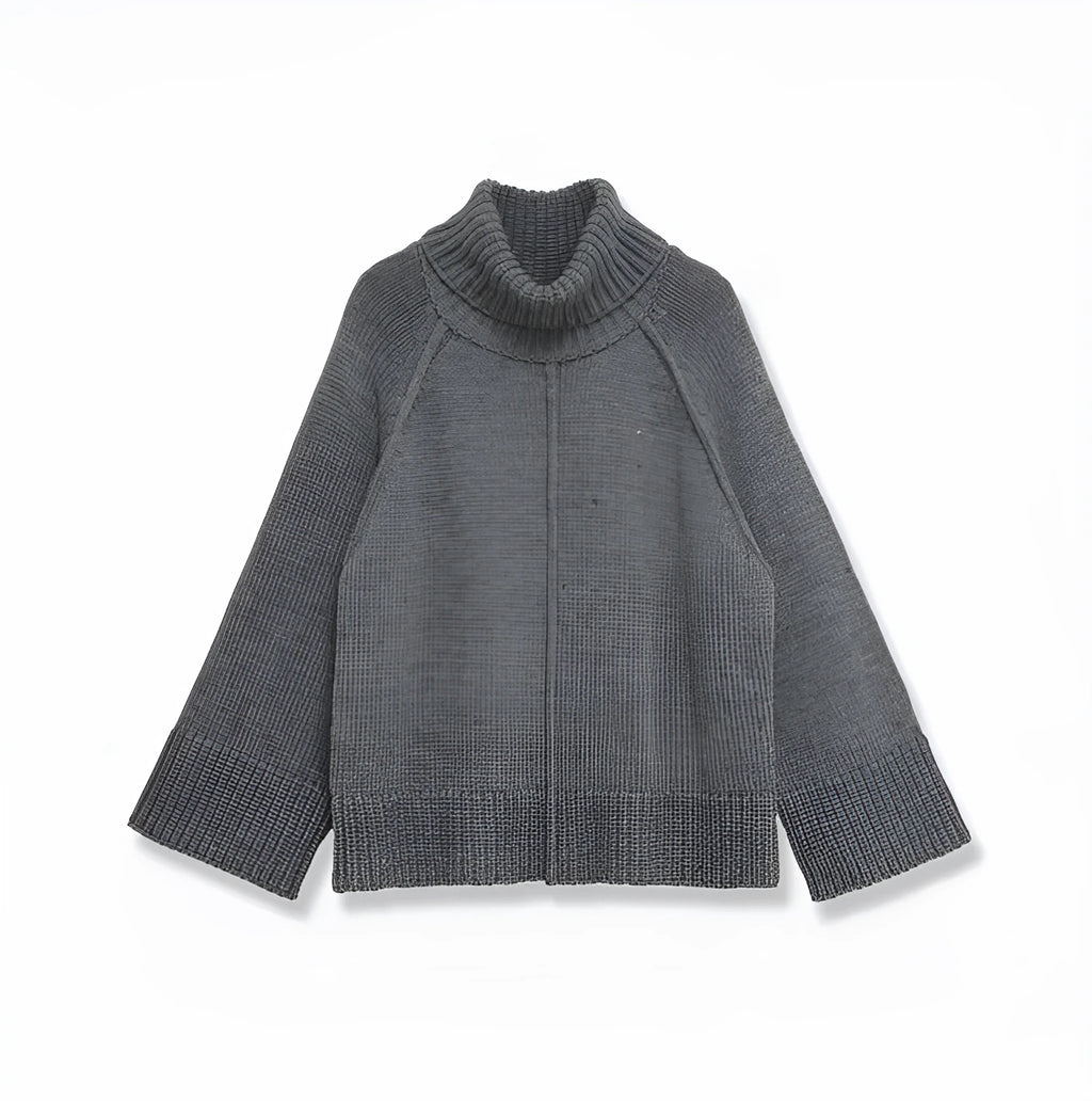 Women's casual loose stand-neck knit sweater in grey with contrast stripes, front view