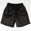 Men's black Tang suit shorts with an elastic drawstring waistband laid flat.