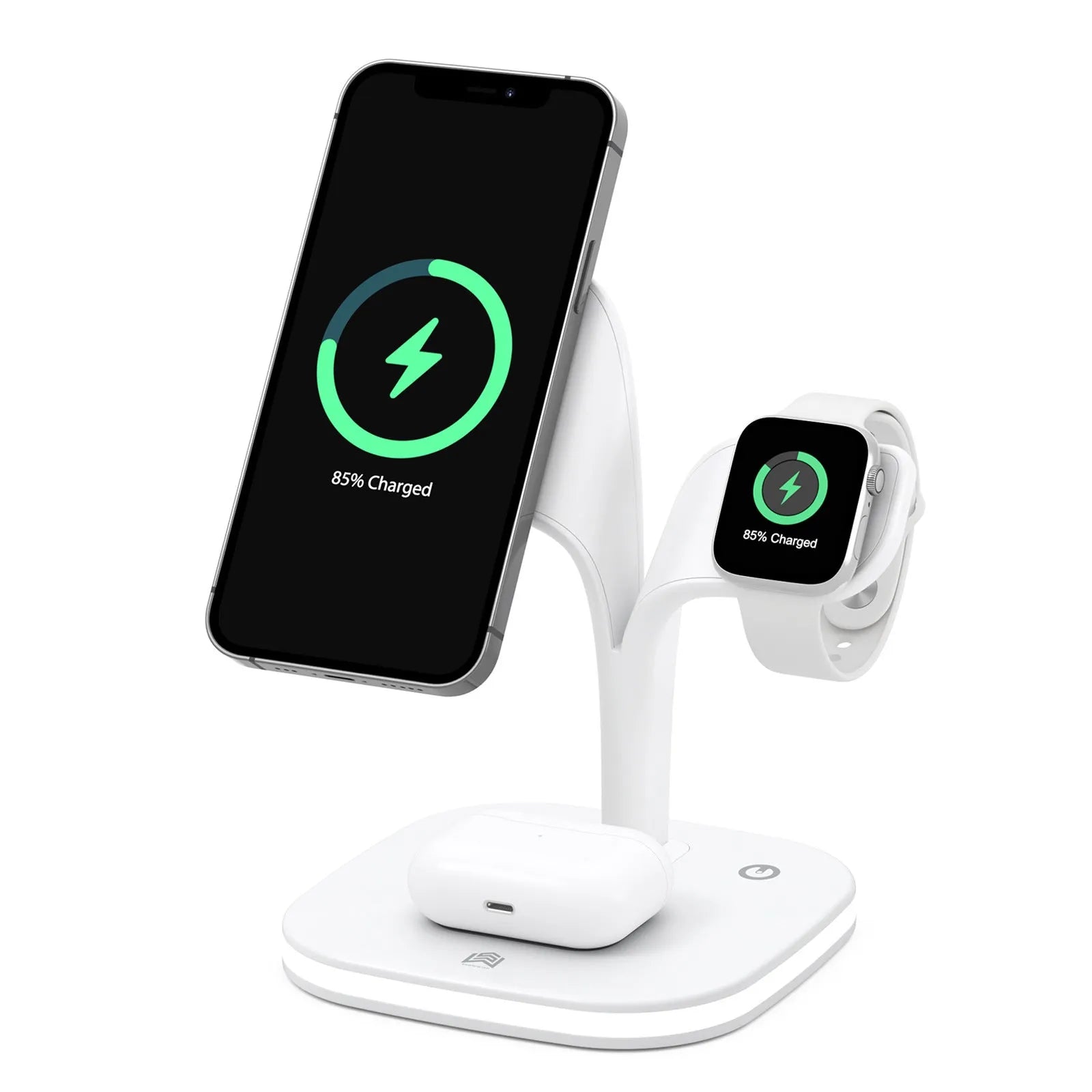 Black 3-in-1 desktop wireless charger stand showing phone, headphones, and watch on their respective charging pads.