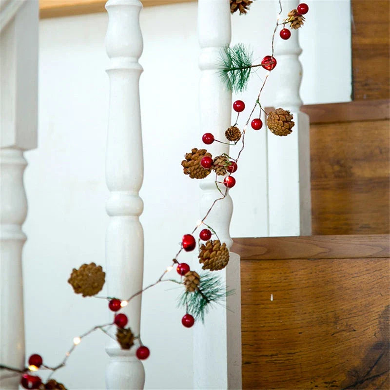 2M Christmas tree LED string lights with pine cone and star decorations in warm white