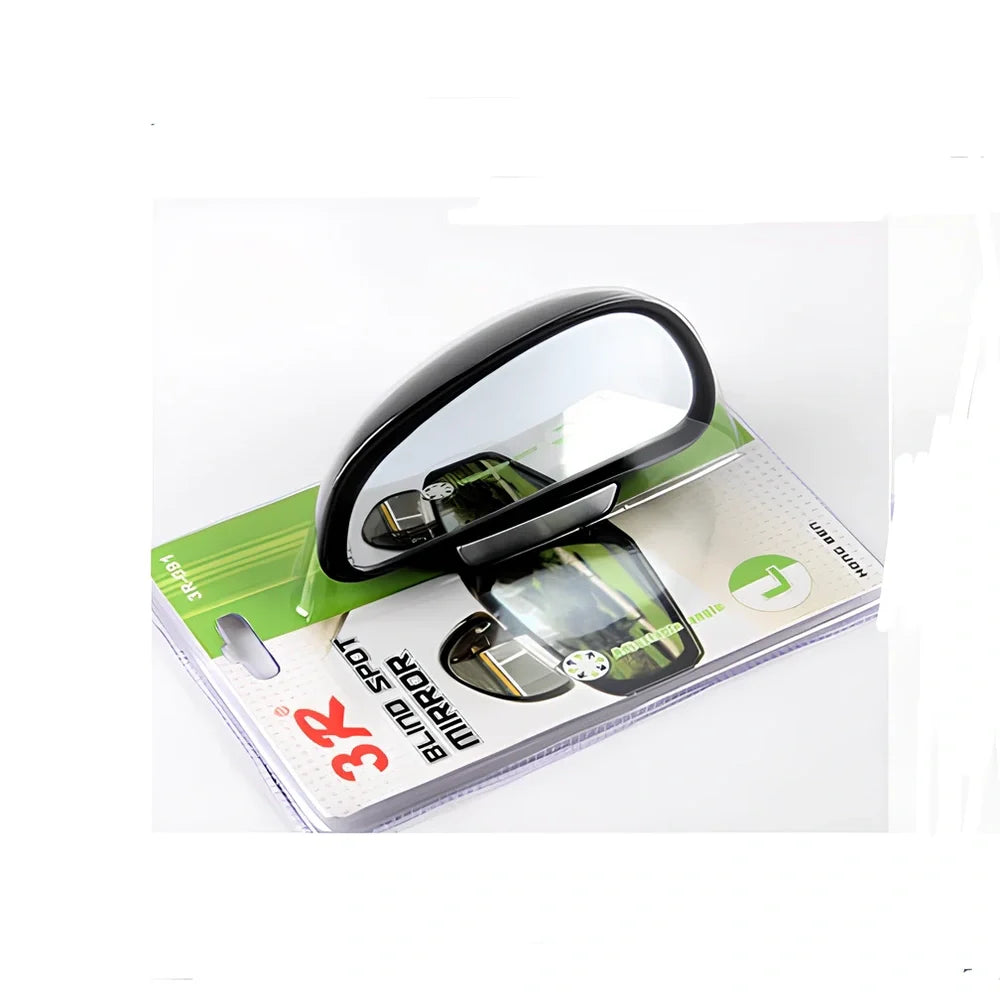 Black adjustable car blind spot mirror with 360-degree lens and 3M adhesive on rearview mount