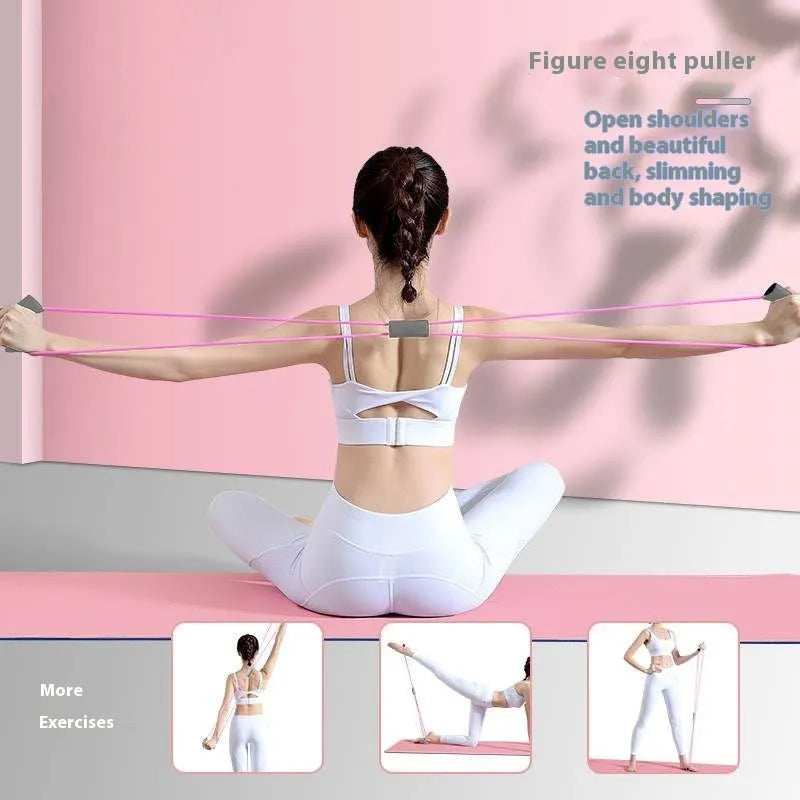 Yoga four piece set showing leg beauty device, yoga ring, pedal tension device and figure eight tension rope.