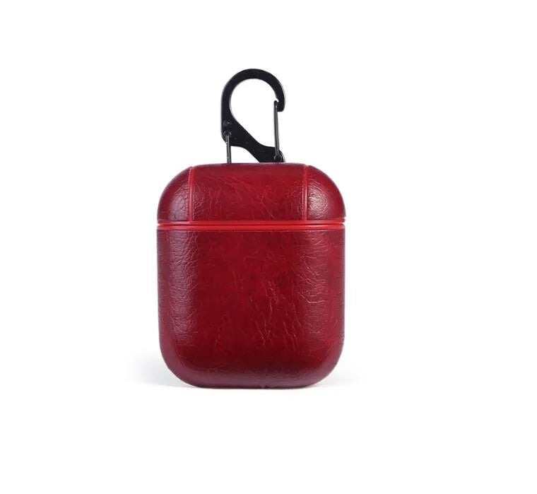 Genuine leather protective case for Apple AirPods charging case in black, brown, light brown, and red.