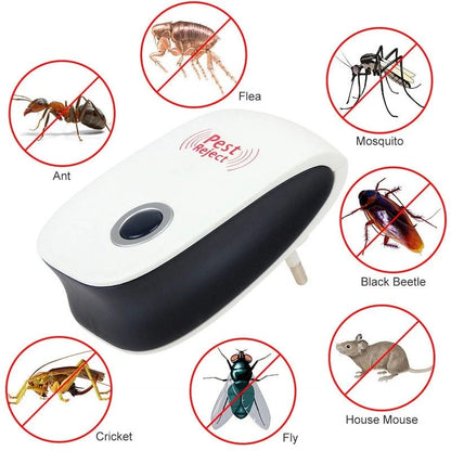 Electronic ultrasonic pest repeller for home use, measuring 90x56x50mm