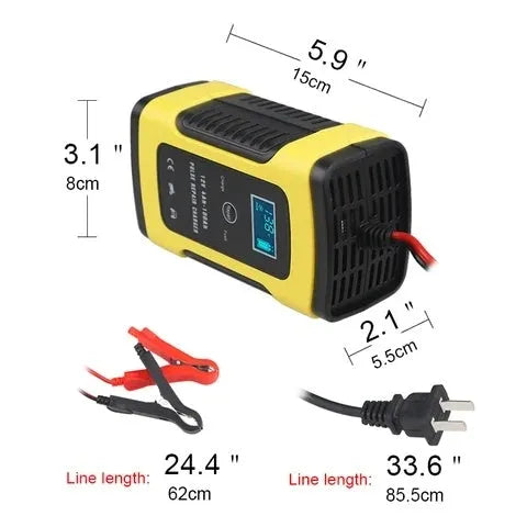 Yellow 12V 6A intelligent automatic car battery charger with cables, 150x85x60mm