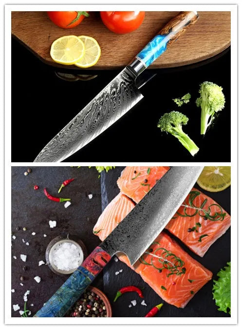 8-piece kitchen knife set showing chef knife, Japanese style blades, boning knife and fruit peel knife with measured blade lengths