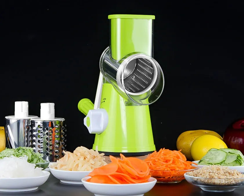 Round manual mandoline slicer with stainless steel blades for cutting potatoes, vegetables, and cheese