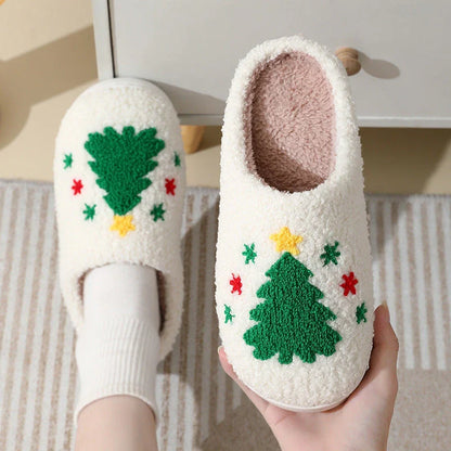 Cozy Christmas home slippers with festive designs, including Santa Claus, Moose, and Gingerbread Man patterns