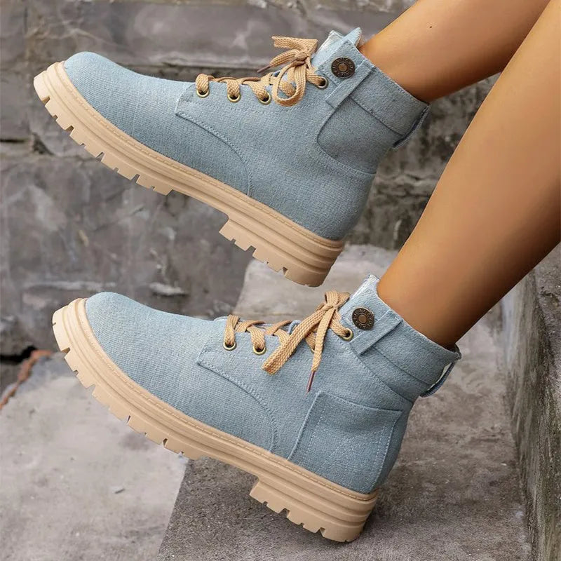 Women's lace-up denim ankle boots with platform thick heel, round toe, in grey colour