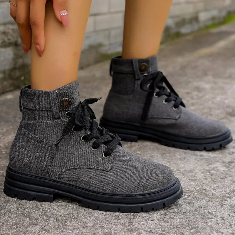 Women's lace-up denim ankle boots with platform thick heel, round toe, in grey colour