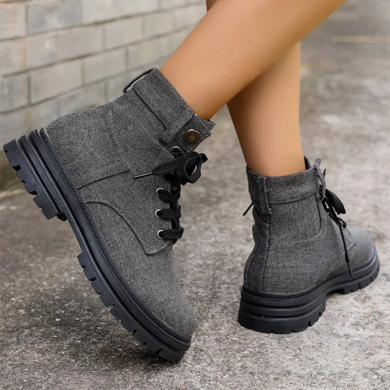 Women's lace-up denim ankle boots with platform thick heel, round toe, in grey colour