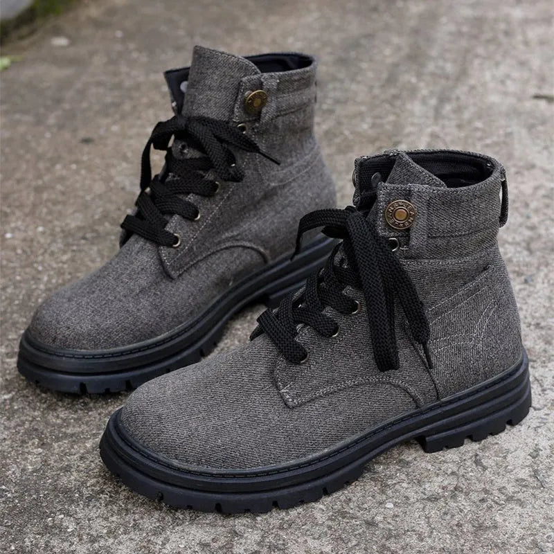 Women's lace-up denim ankle boots with platform thick heel, round toe, in grey colour